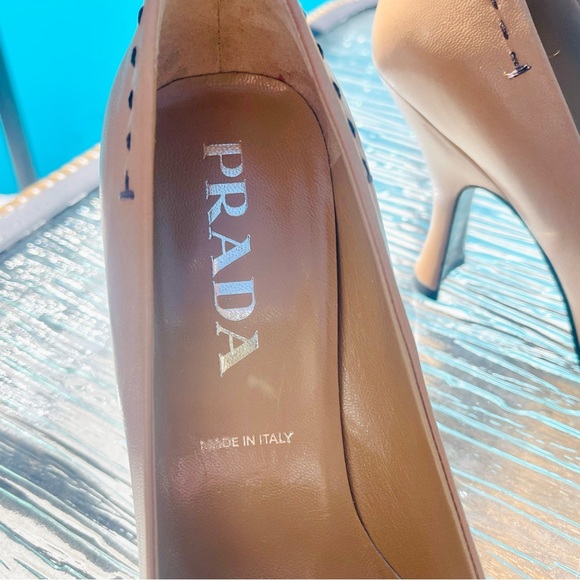 SOLD Prada Beige Brown Colorblock Leather Rosebud Embellished Square Toe Pumps - Picture 5 of 15